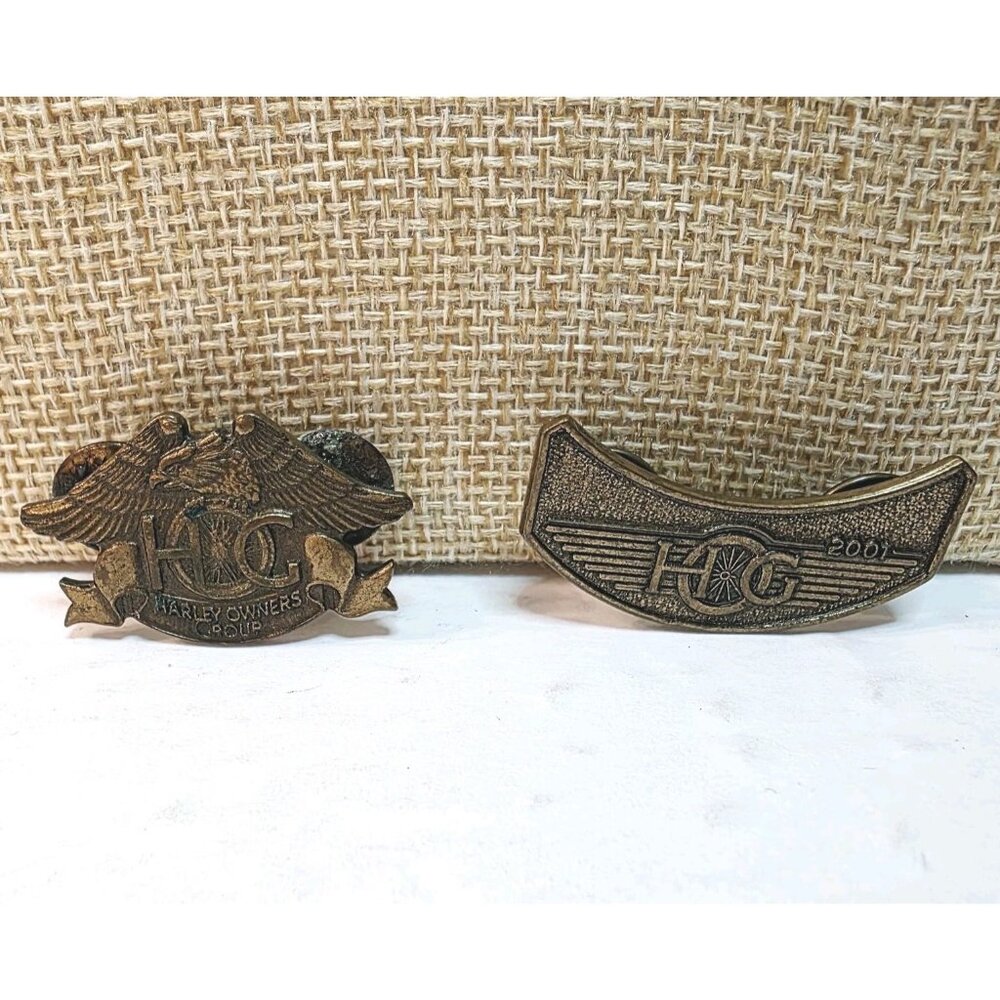 2 Vtg Harley Owners Group Motorcycle HOGS Gold Tone lapel Pins 1983, 2001